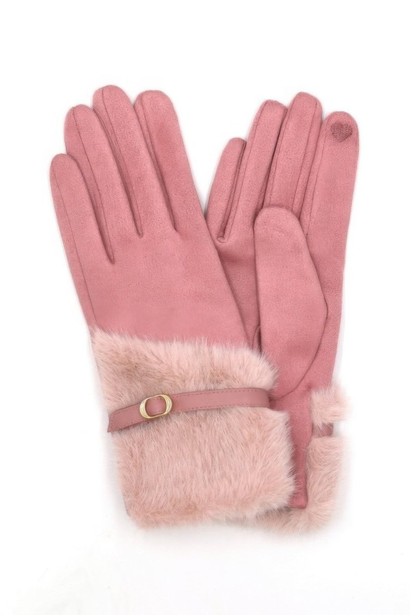 Women's faux fur winter gloves with wrist strap, touchscreen-compatible fingertips, elegant cozy style