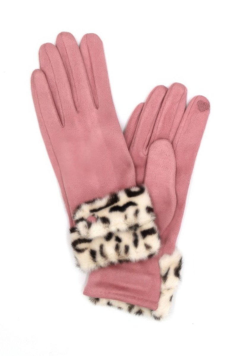 Women's black winter faux fur trim gloves with touchscreen fingertips for cold weather