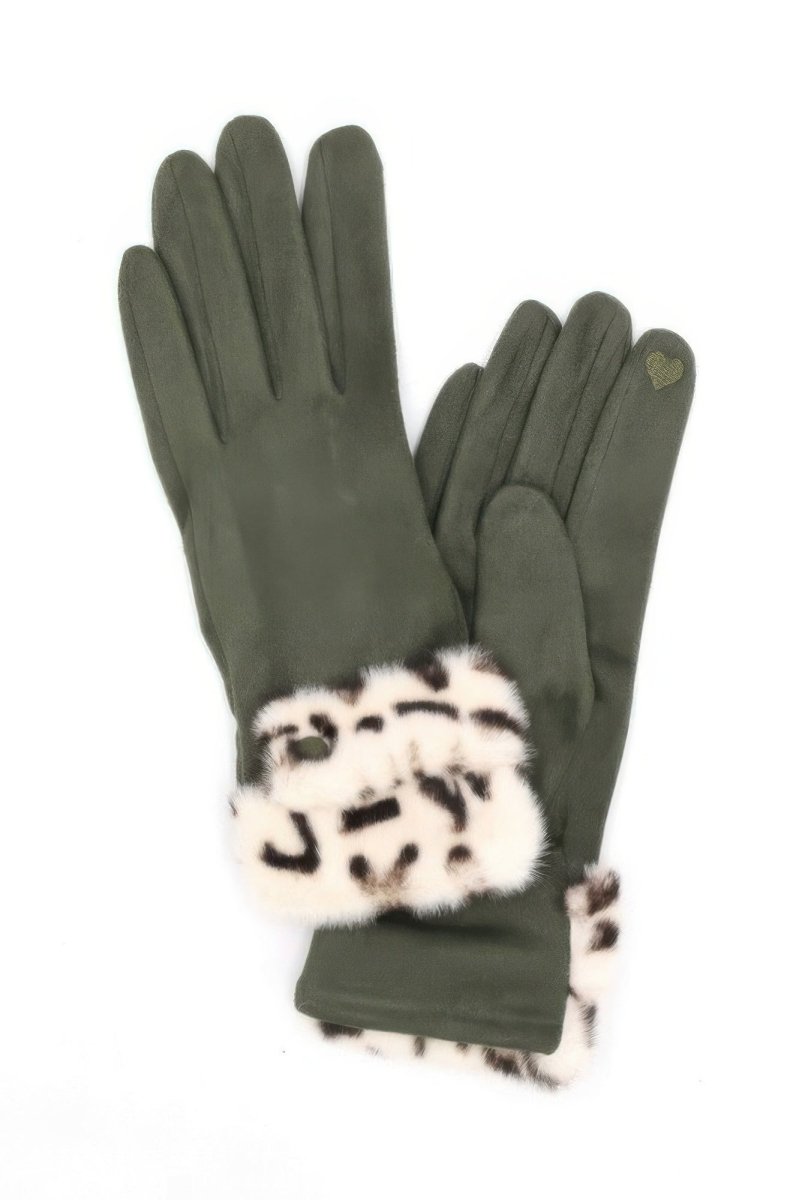 Women's black winter faux fur trim gloves with touchscreen fingertips for cold weather