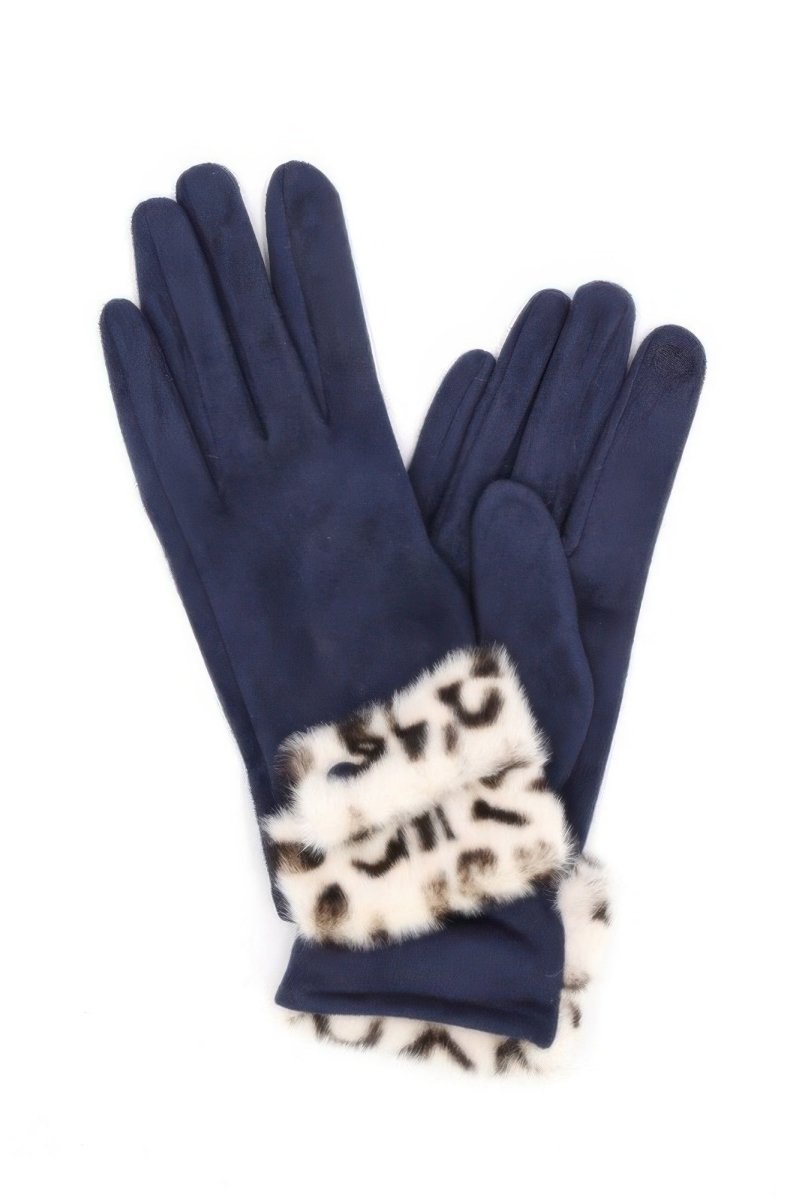 Women's black winter gloves faux fur trim touchscreen-compatible cold weather fashion