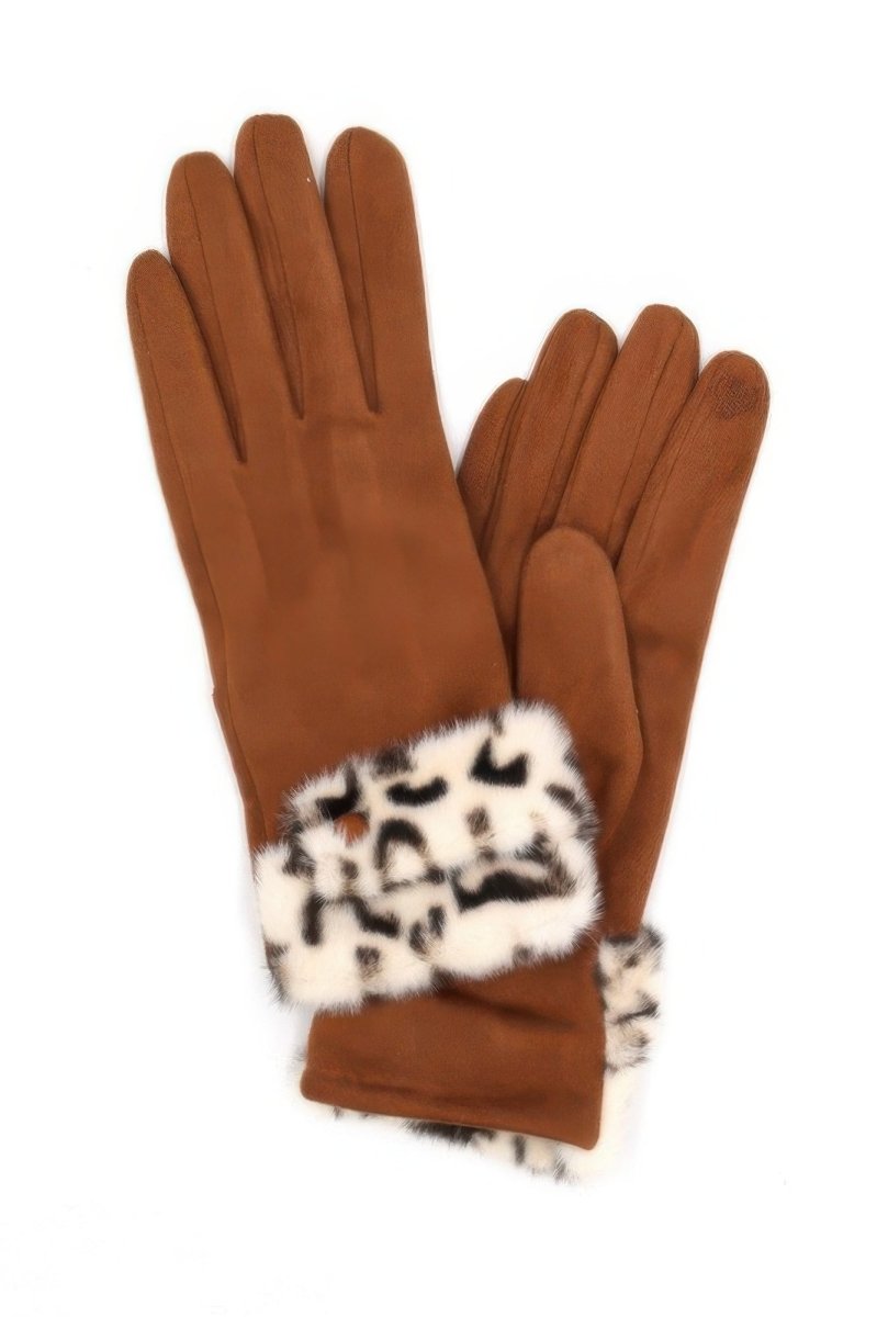 Women's black faux fur trim winter gloves with touchscreen fingertips for cold weather style