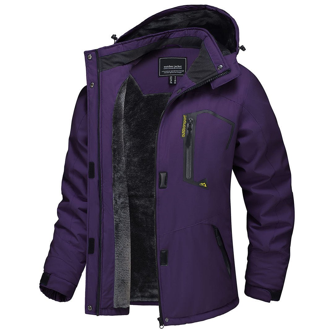 Women's waterproof insulated hooded ski jacket with warm fleece lining, windproof cold-weather design