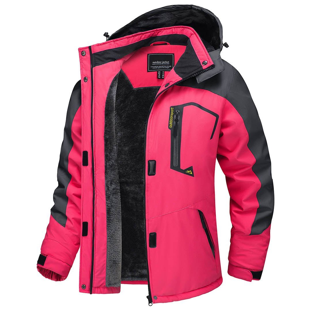 Women's waterproof insulated hooded ski jacket with warm fleece lining, windproof cold-weather design