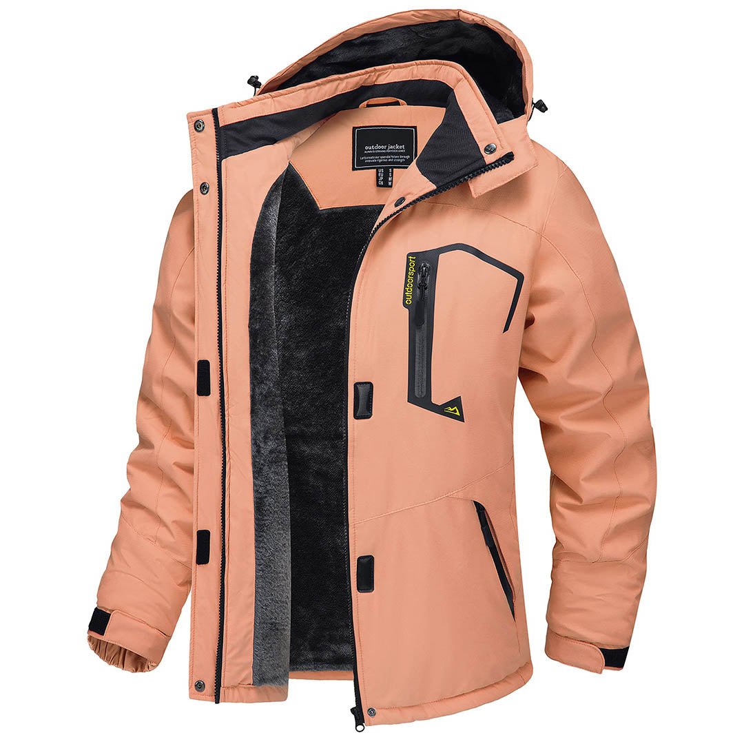Women's waterproof insulated hooded ski jacket with warm fleece lining, windproof cold-weather design