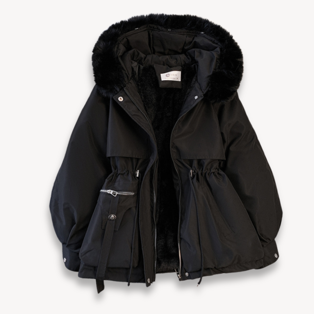 Women's olive green parka coat with thick faux fur lining, removable hood, and adjustable waist fit