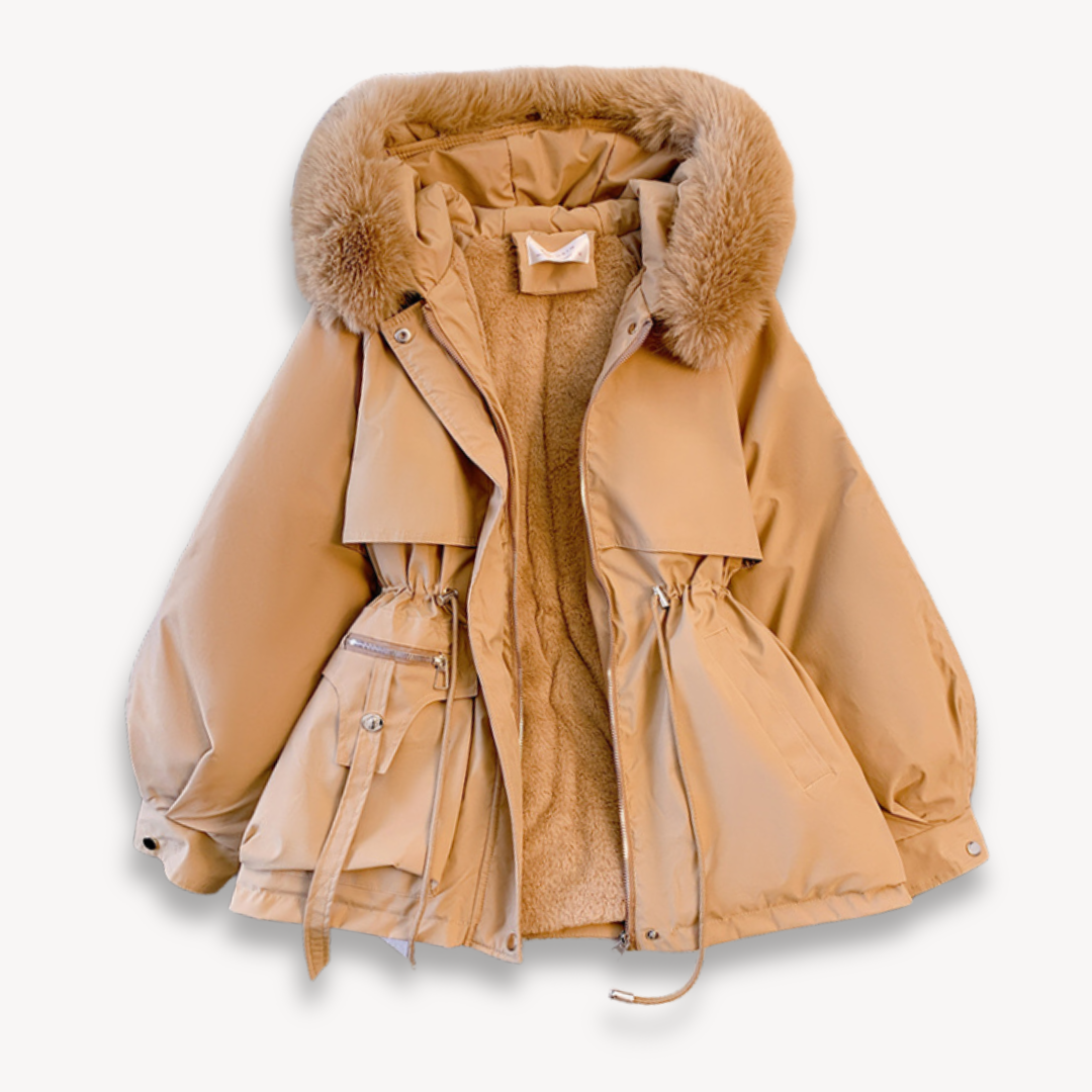 Women's olive green winter parka jacket with thick faux fur lining and removable hood