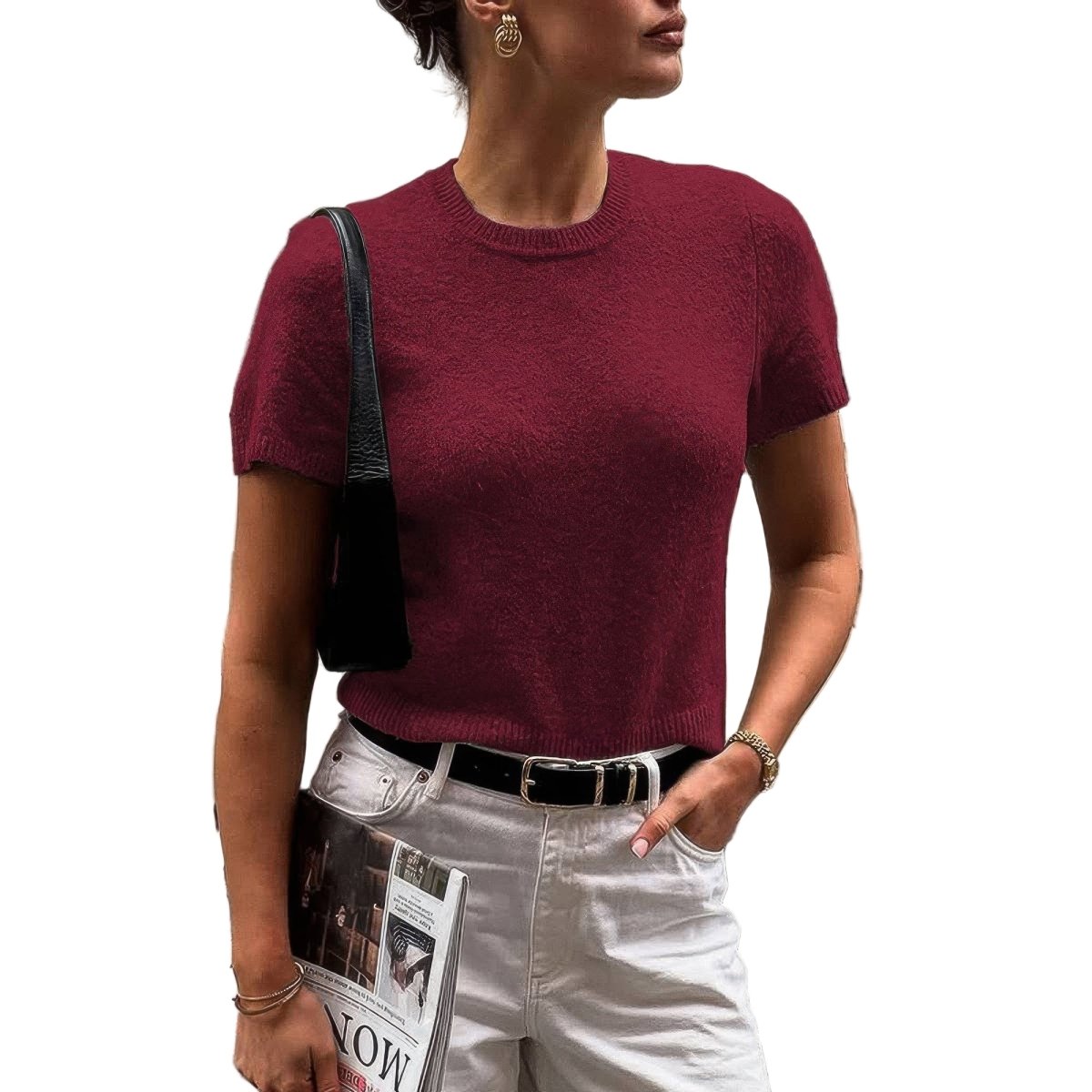 Women's wool knit short sleeve shirt, O-neck, breathable 100% wool, lightweight layering essential