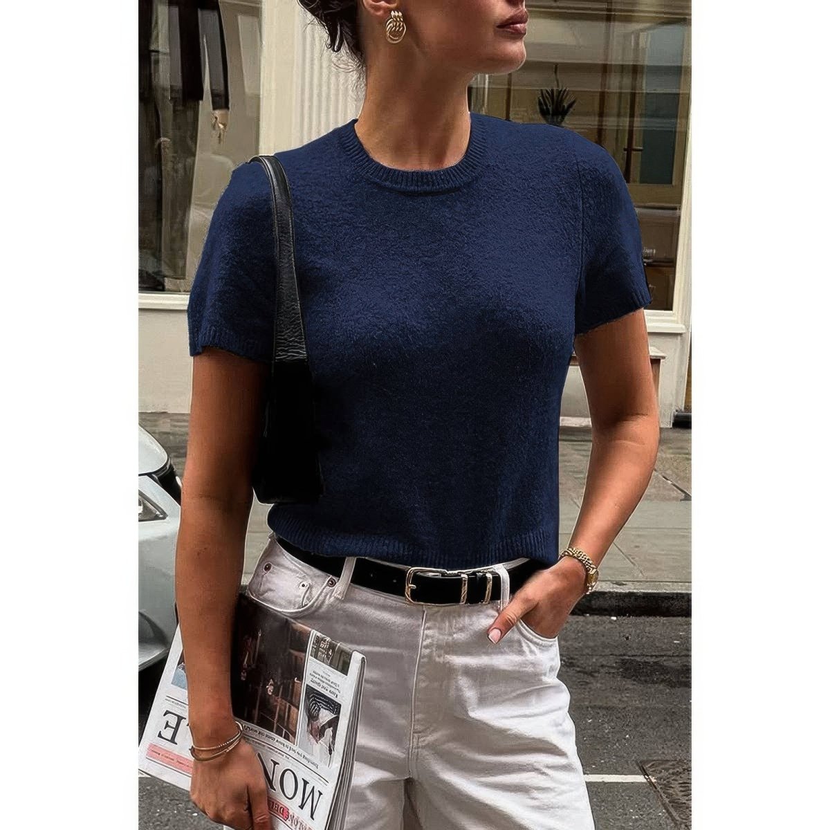 Women's wool knit short sleeve shirt O-neck breathable lightweight natural insulation year-round layering