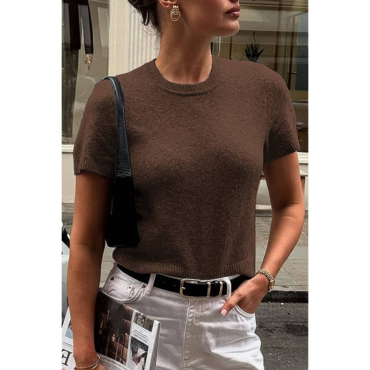 Women's wool knit short sleeve O-neck shirt, breathable 100% wool, lightweight layering essential
