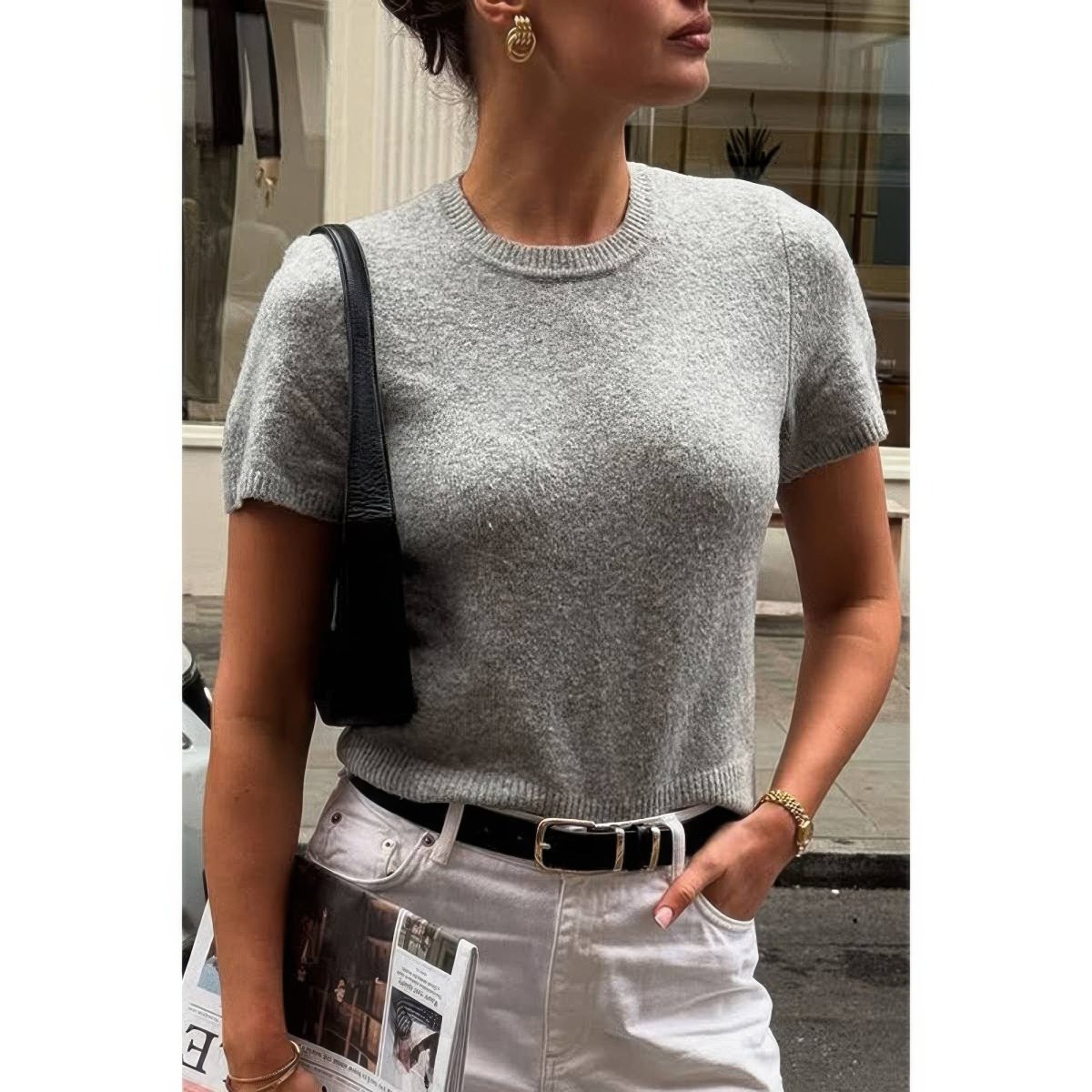 Women's wool knit short sleeve shirt, O-neck, lightweight breathable 100% wool for year-round layering