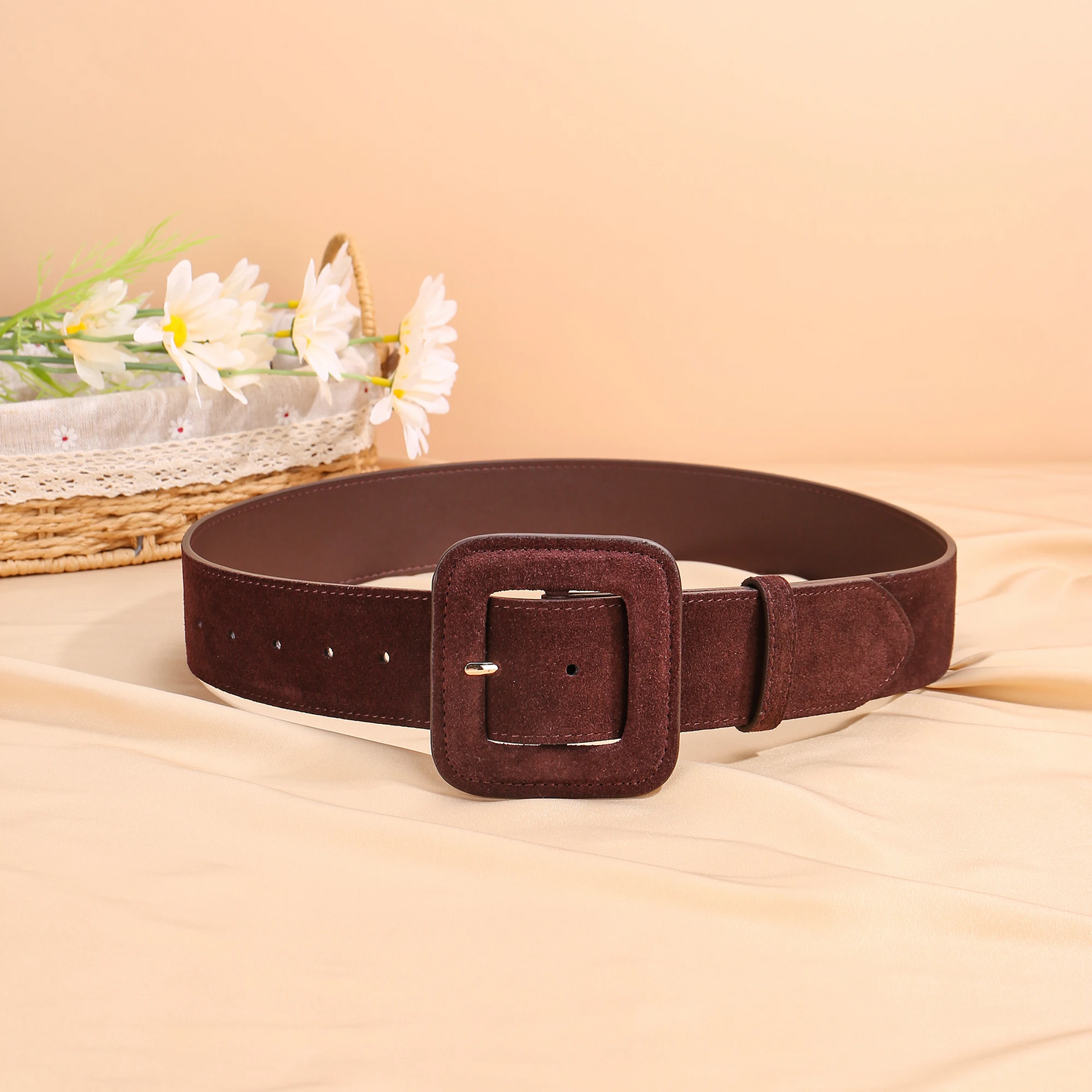 Women's wide brown suede belt with bold square buckle and durable stitching, modern fashion statement