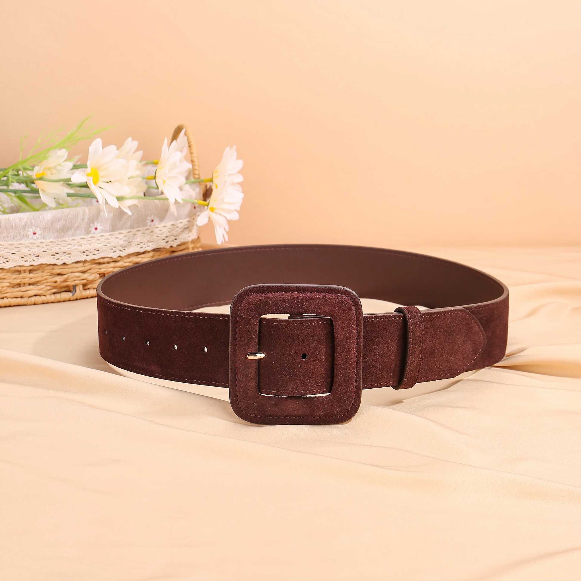 Women's wide brown suede belt with bold square buckle and durable stitching, modern fashion statement