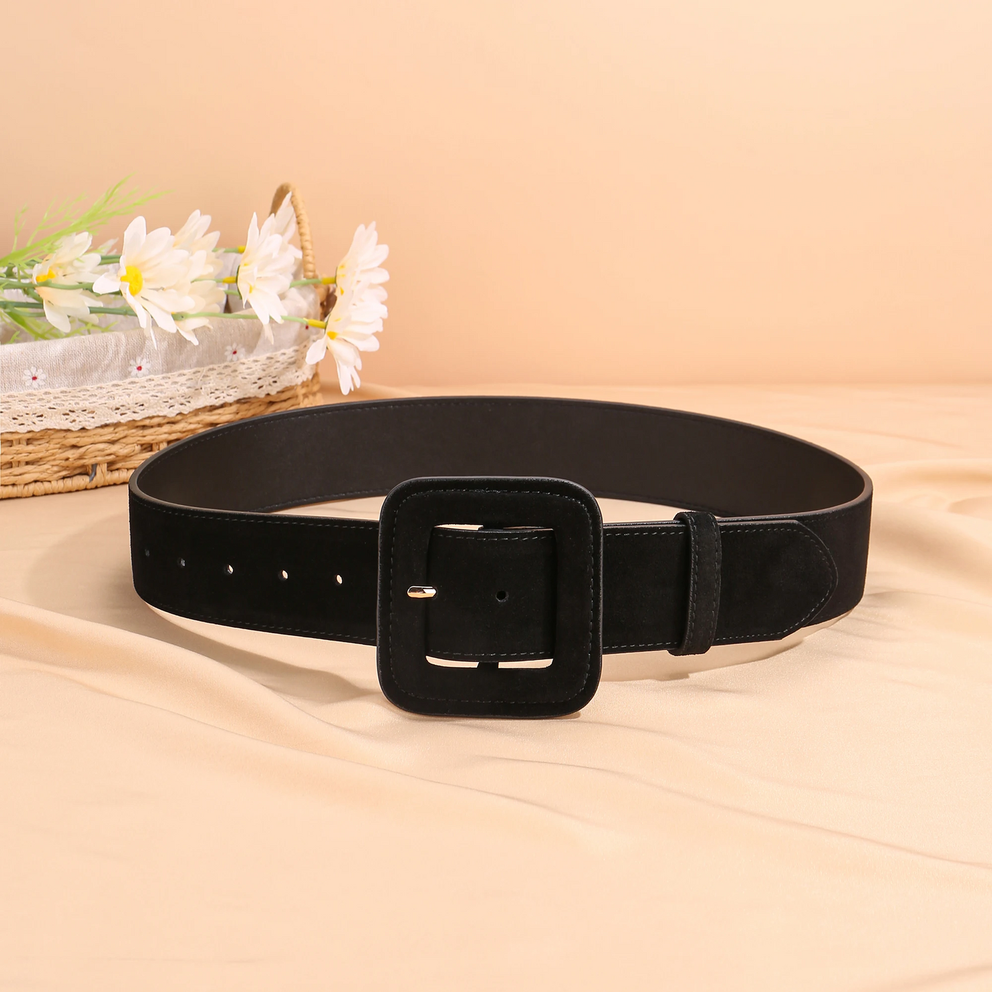 Women's wide brown suede belt with bold square buckle and durable contrast stitching