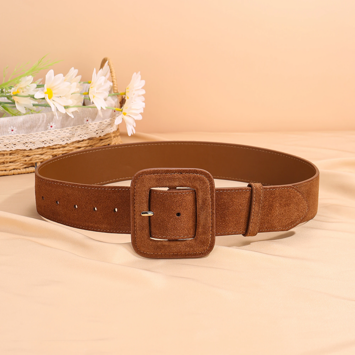 Women's wide brown suede belt with bold square buckle and durable stitching, modern fashion statement