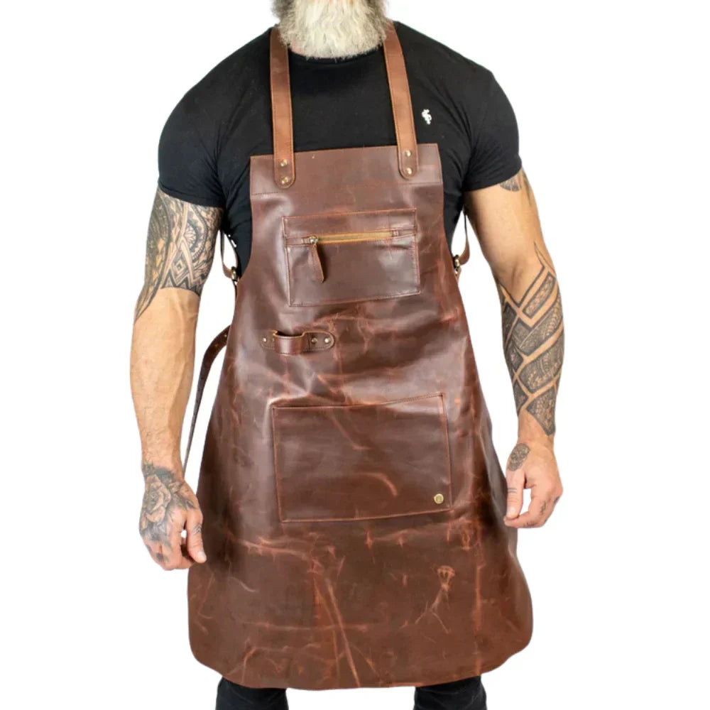 Men's full-grain leather welding apron, water & fire resistant, adjustable straps, rugged professional style