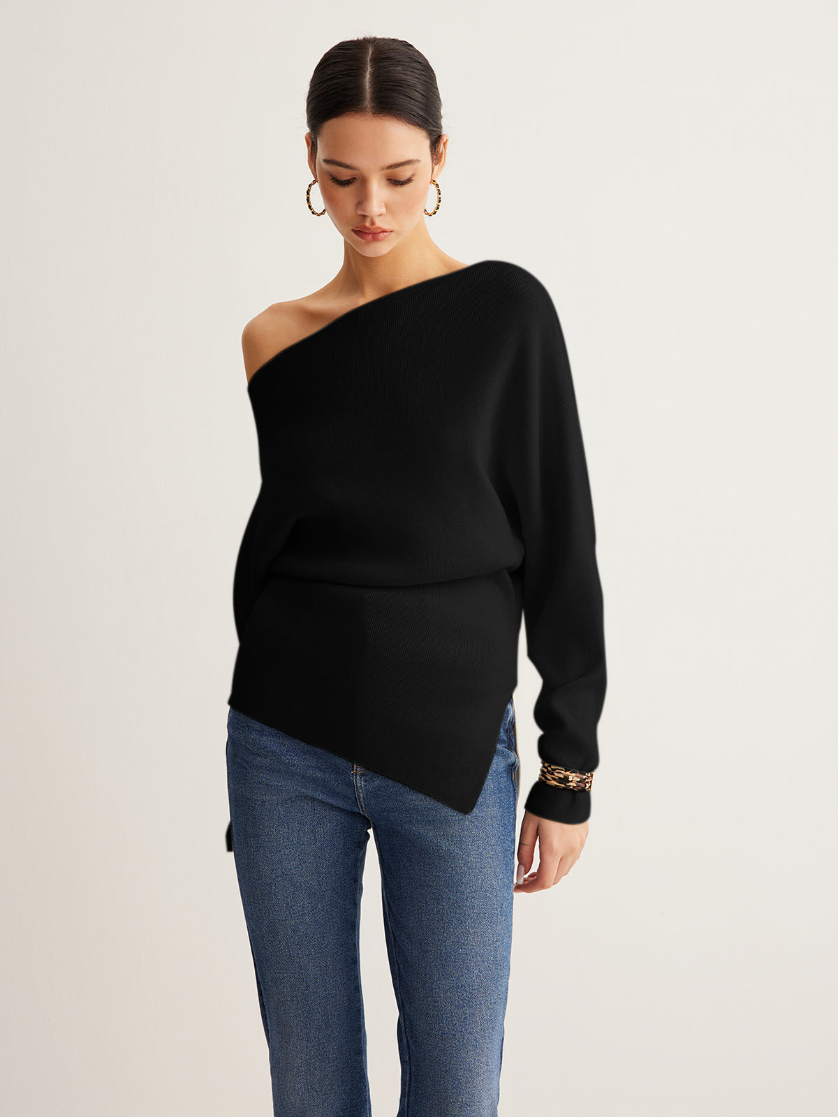 Women's wool-blend knit top asymmetrical pleated cold-shoulder neckline warm chic style