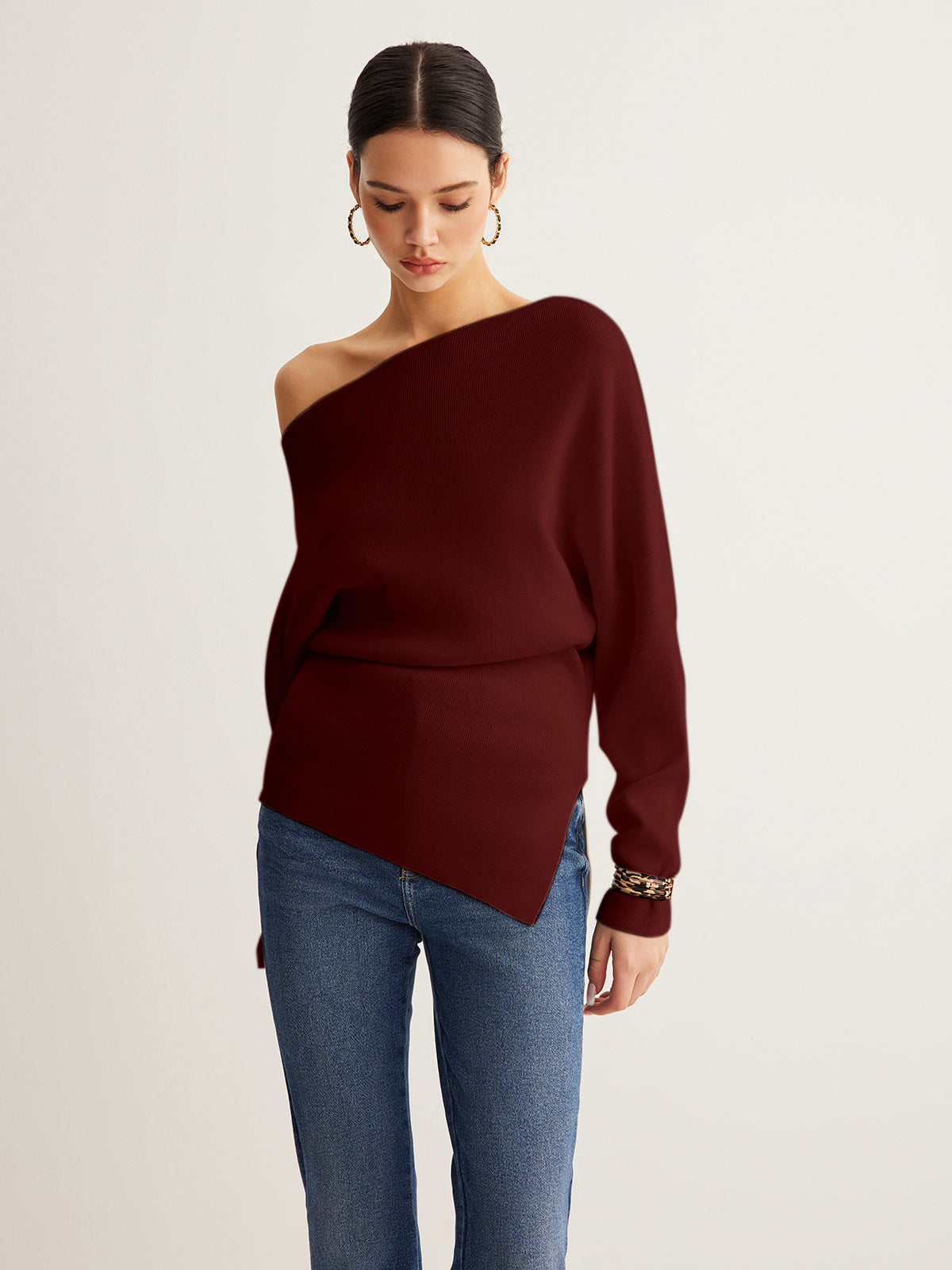 Women's wool-blend knit top asymmetrical neckline pleated cold-shoulder design warm chic style