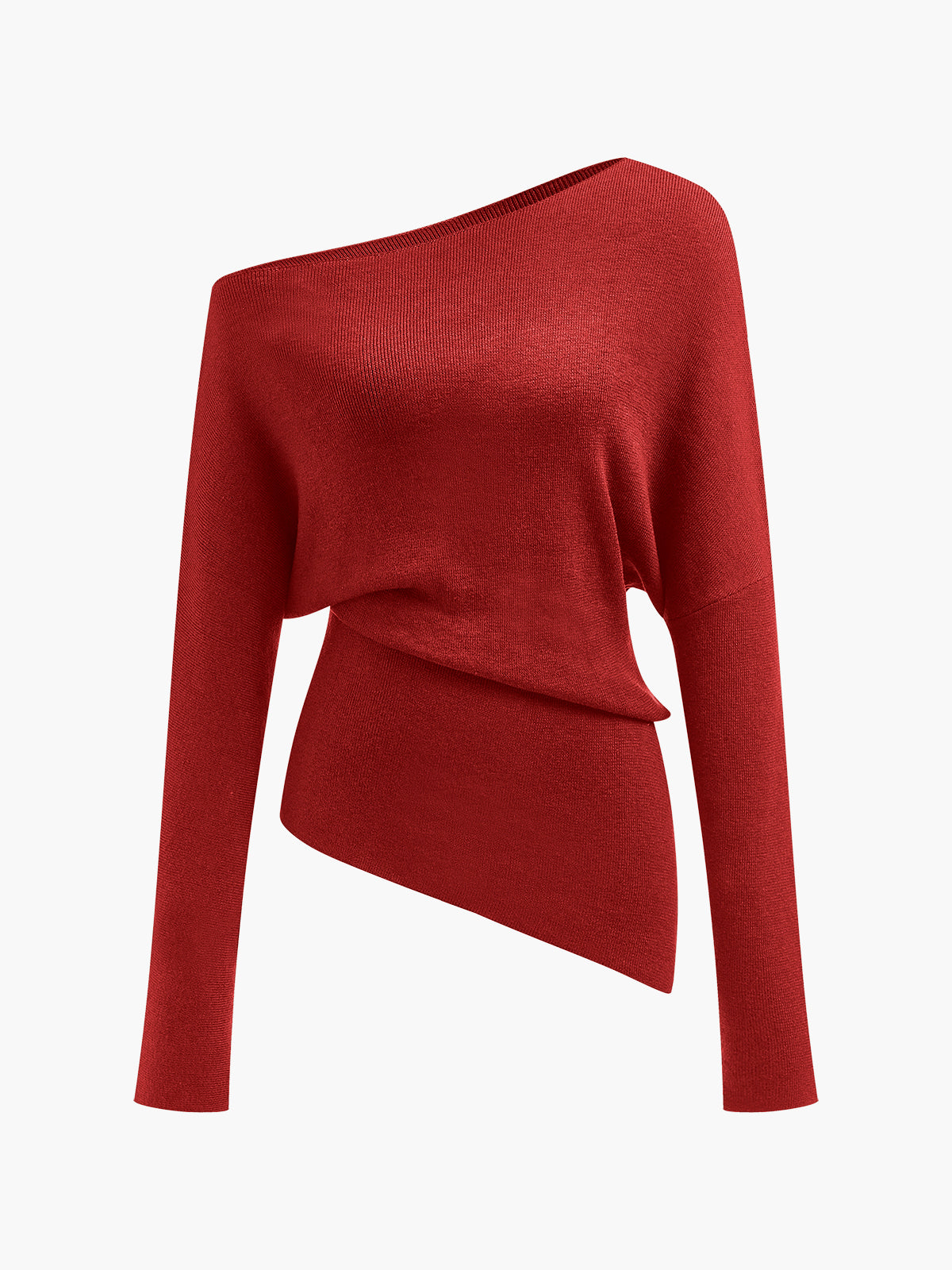 Women's wool-blend knit top with asymmetrical pleated cold-shoulder neckline, chic relaxed fit