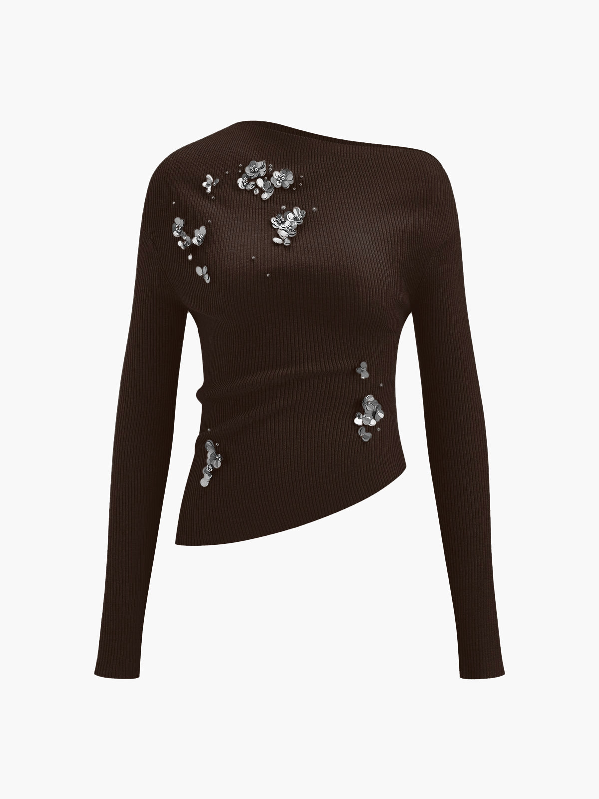 Women's wool blend asymmetrical knit top with beaded sequin embellishments in elegant casual style