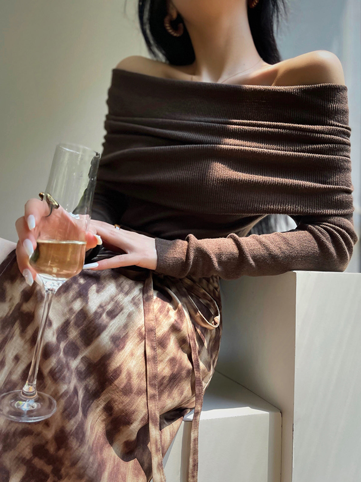 Women's wool blend cold shoulder slim fit sweater with ruched detailing in elegant knit design