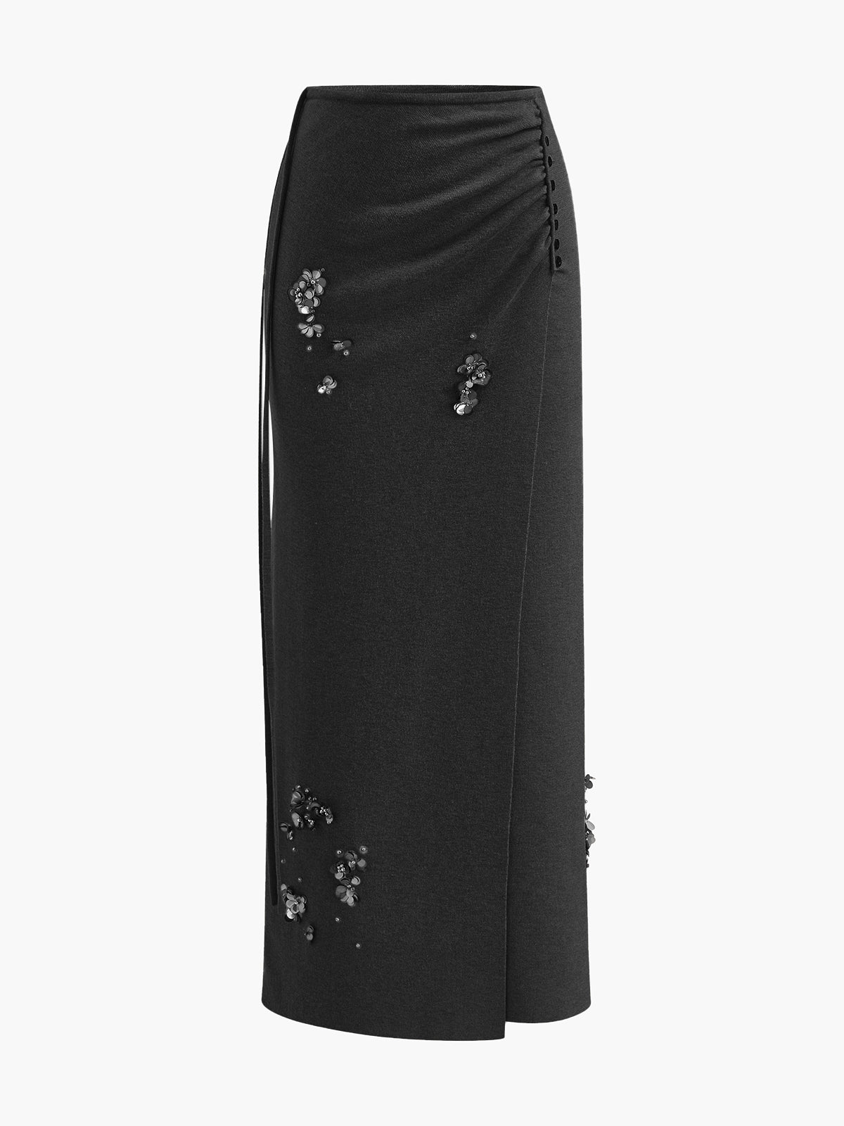 Women wool blend pleated sequins sweater skirt with beaded detail, elegant warm midi silhouette