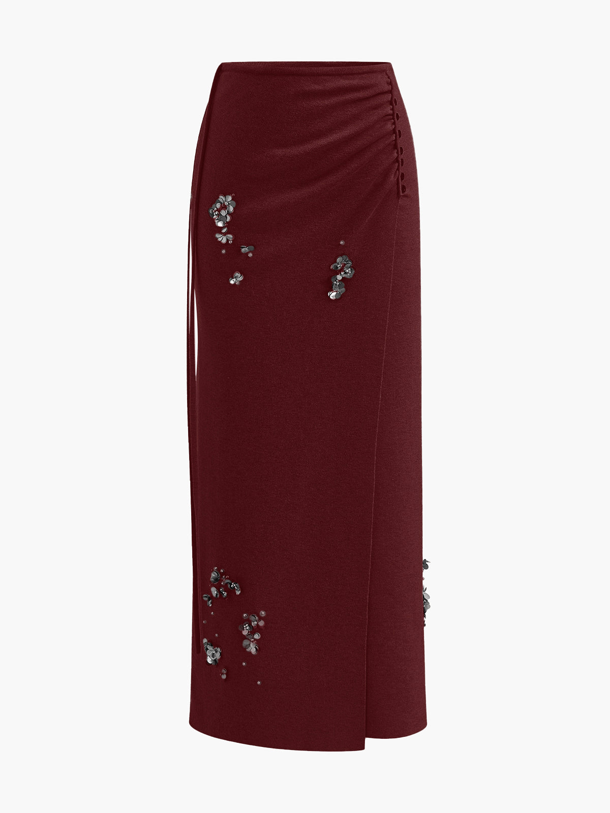Women's wool blend pleated sequin sweater skirt with beaded embellishments, elegant midi silhouette