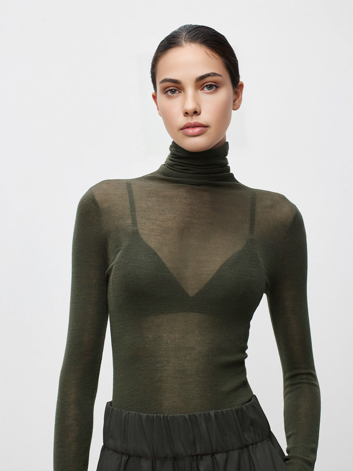 Women's sheer wool-blend turtleneck sweater, romantic knit style with delicate semi-transparent finish