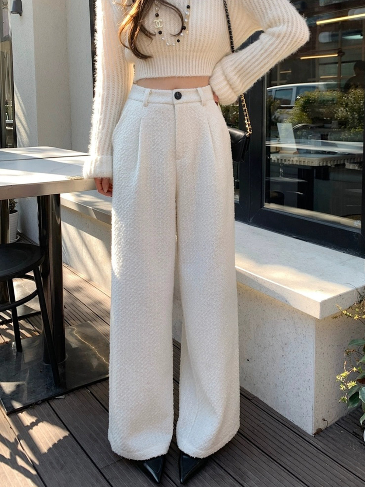 Women's wool blend tweed pants high waist shift cut warm elegant work leisure style
