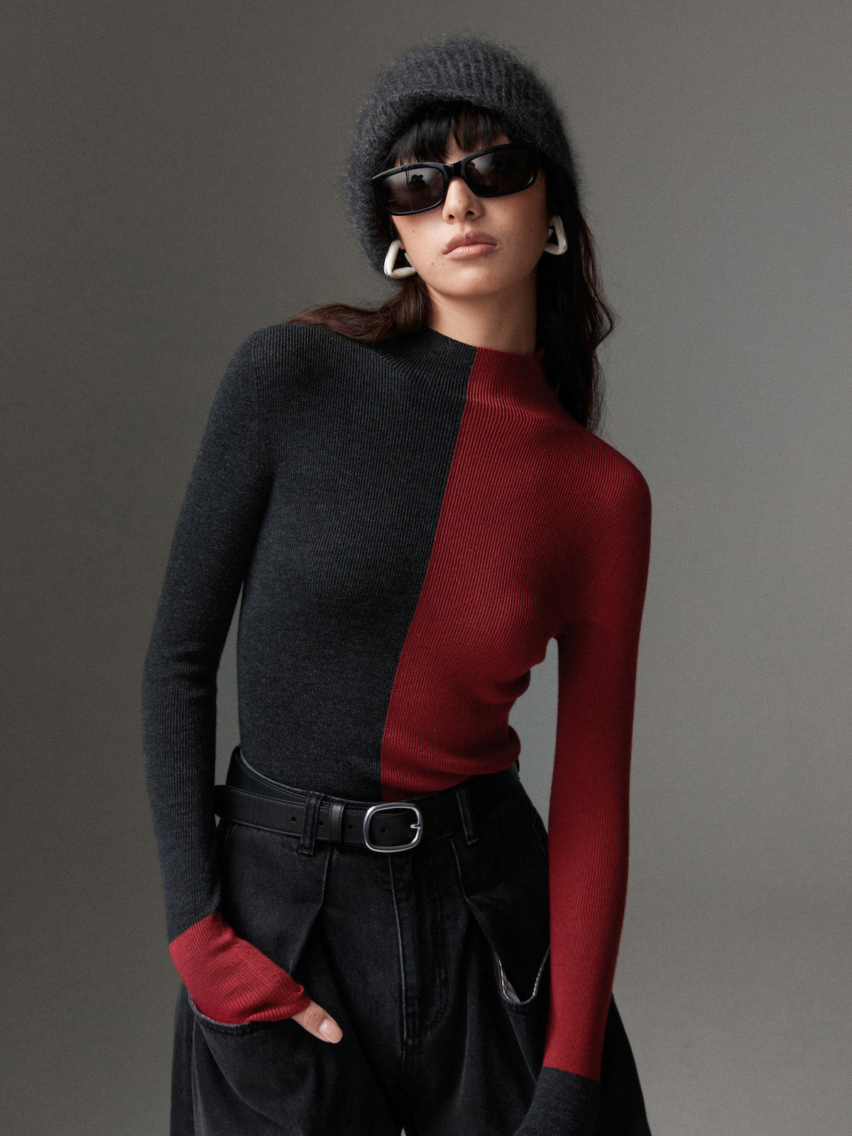 Women's wool-blend colorblock knit top, slim fit two-tone design for casual to workwear styling