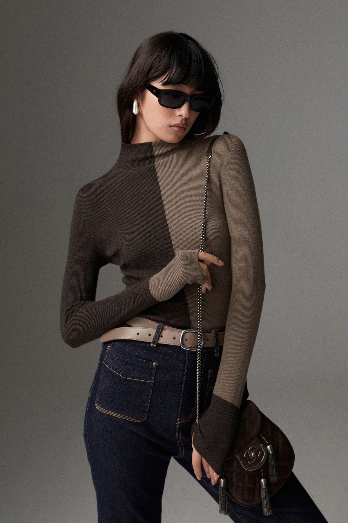 Women's wool-blend colorblock knit top, slim fit two-tone design for casual to workwear versatility