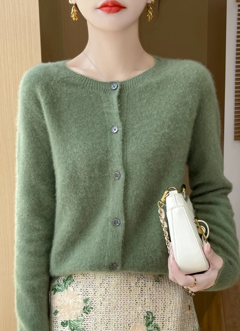 Women's light gray merino wool cardigan featherweight knit with ribbed trim and relaxed fit