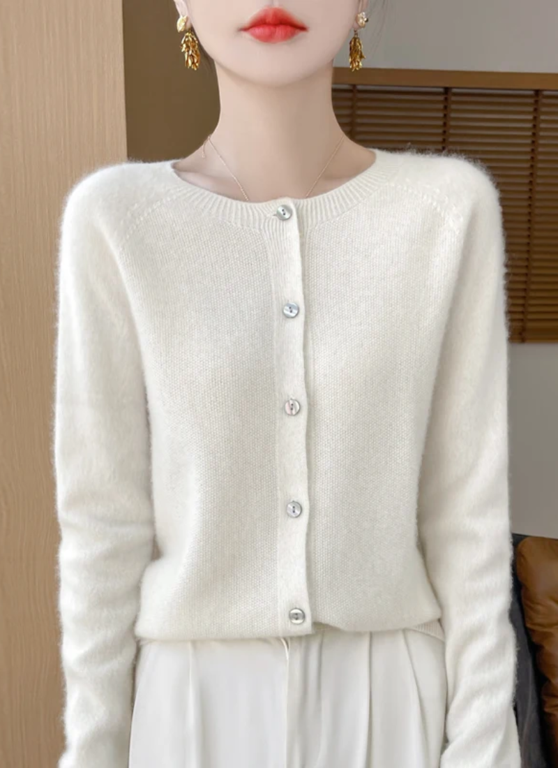 Women's light gray merino wool cardigan featherweight ultra-soft knit layering piece all-season warmth