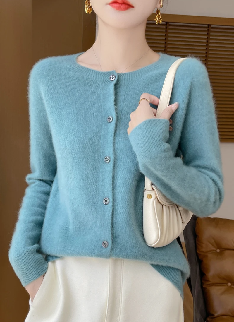 Women's light gray merino wool cardigan featherweight ultra-soft knit layering piece all-season warmth
