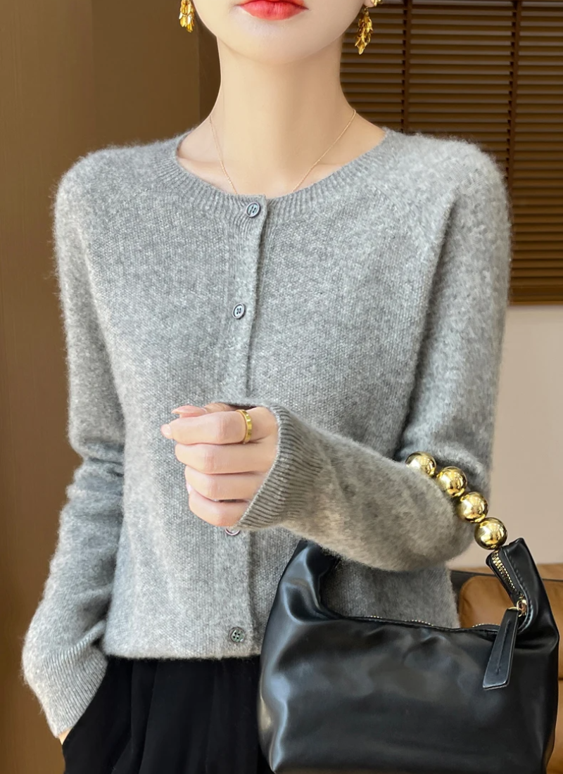 Women's light gray merino wool cardigan featherweight ultra-soft knit layering piece for all seasons