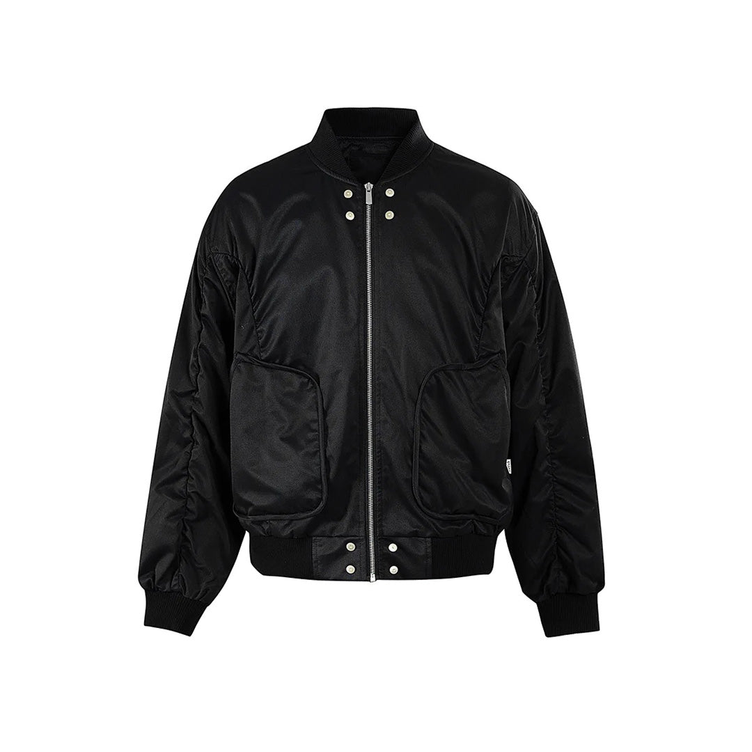 Men's oversized cotton bomber jacket with polished zip closure and double snap-front pockets