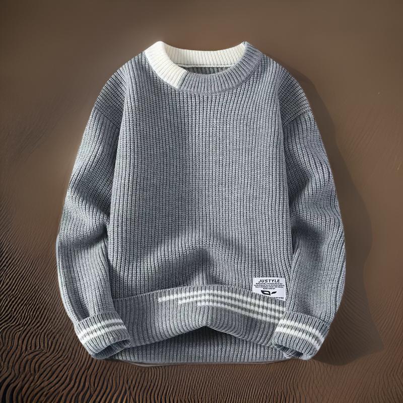 Men's ribbed knit pullover sweater with contrast split crewneck collar for structured everyday style