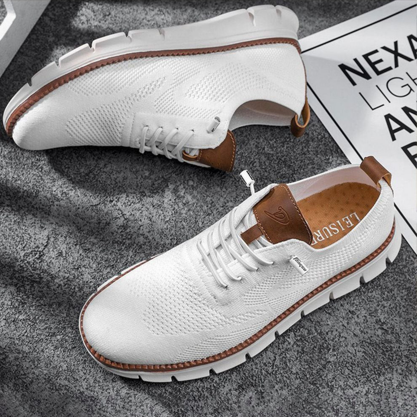 Men's lightweight knit sneakers with breathable mesh upper, cushioned midsole, lace-up casual style