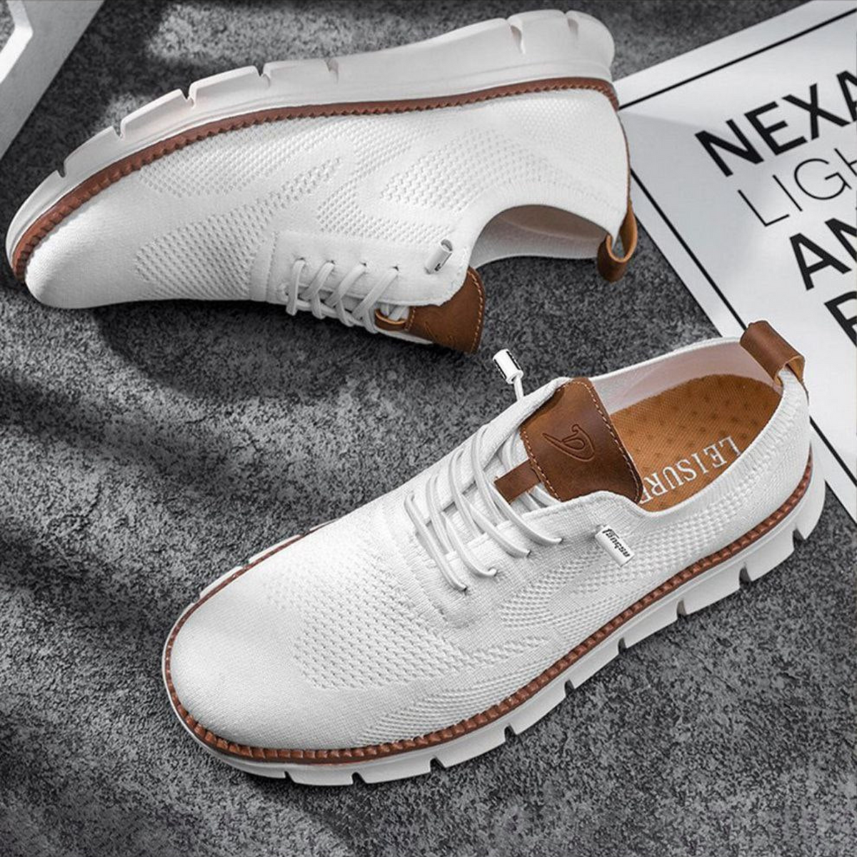 Men's lightweight knit sneakers with breathable mesh upper, cushioned midsole, lace-up casual style