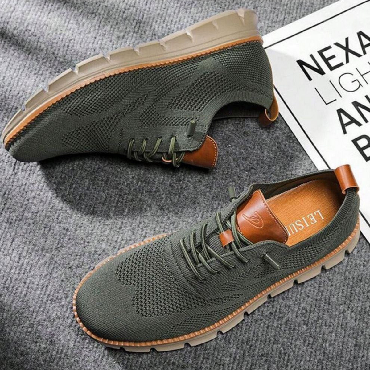 Men's lightweight knit sneakers with breathable mesh upper, cushioned midsole, lace-up casual style