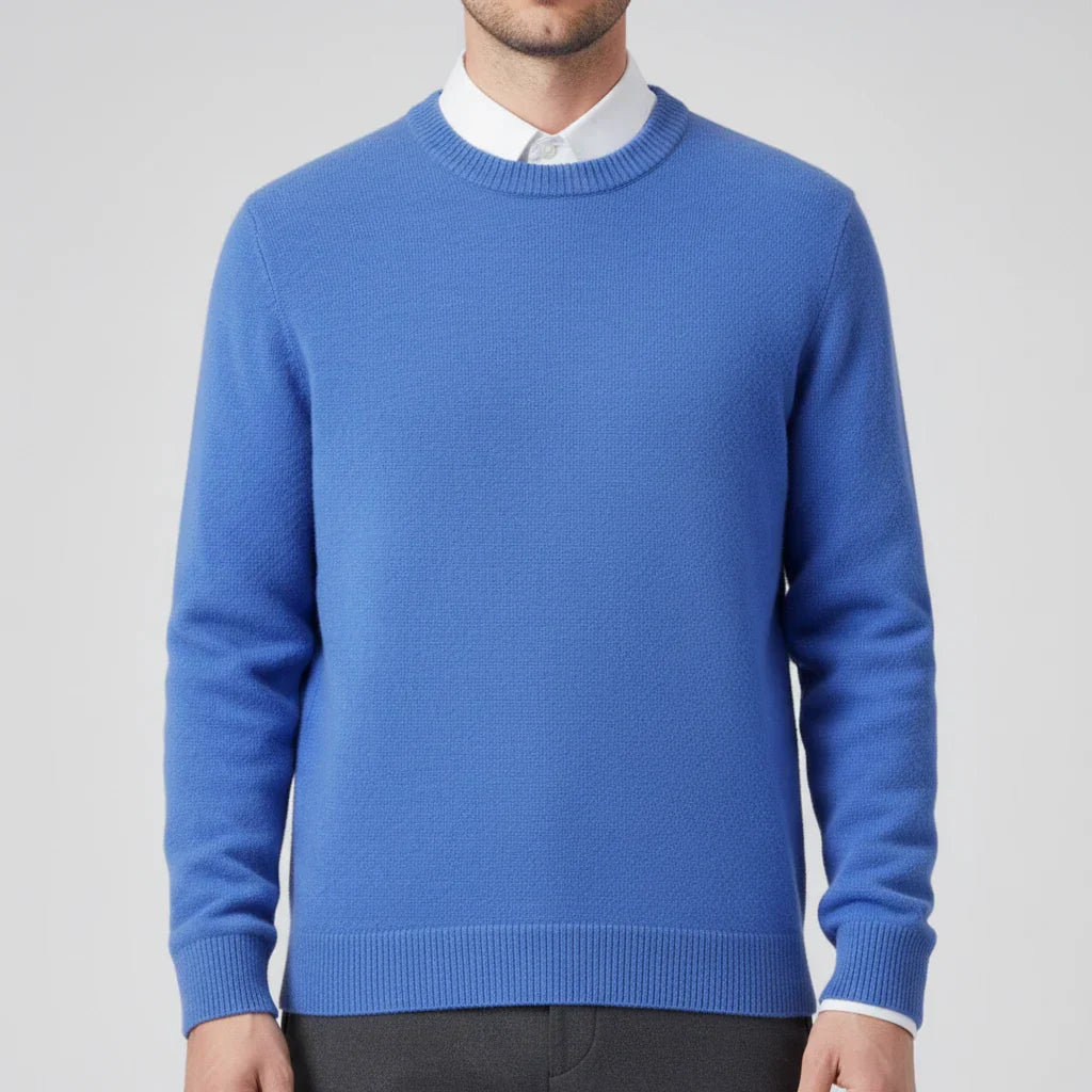 Men's light blue crew neck knit sweater regular fit classic timeless layering essential