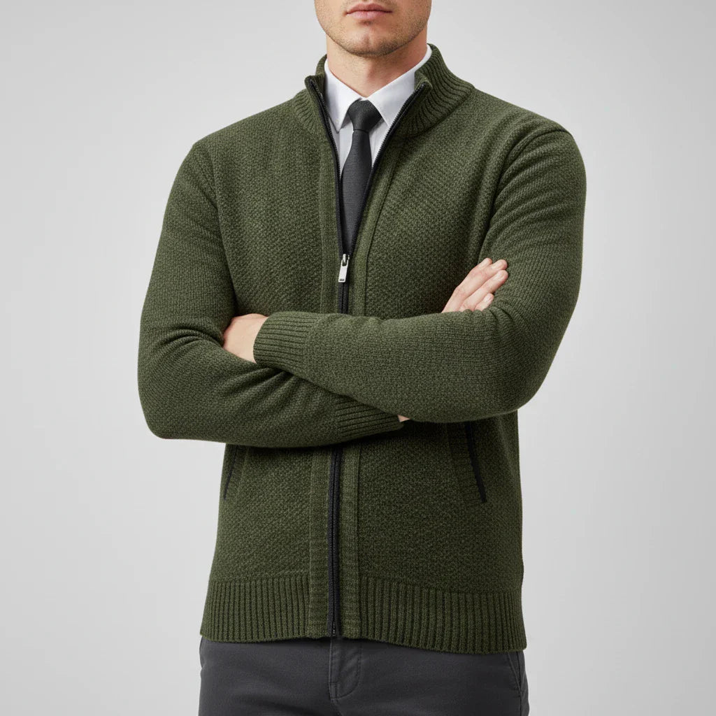 Men's zip-up sweater with stand collar, slim fit, full-length zipper for effortless layering