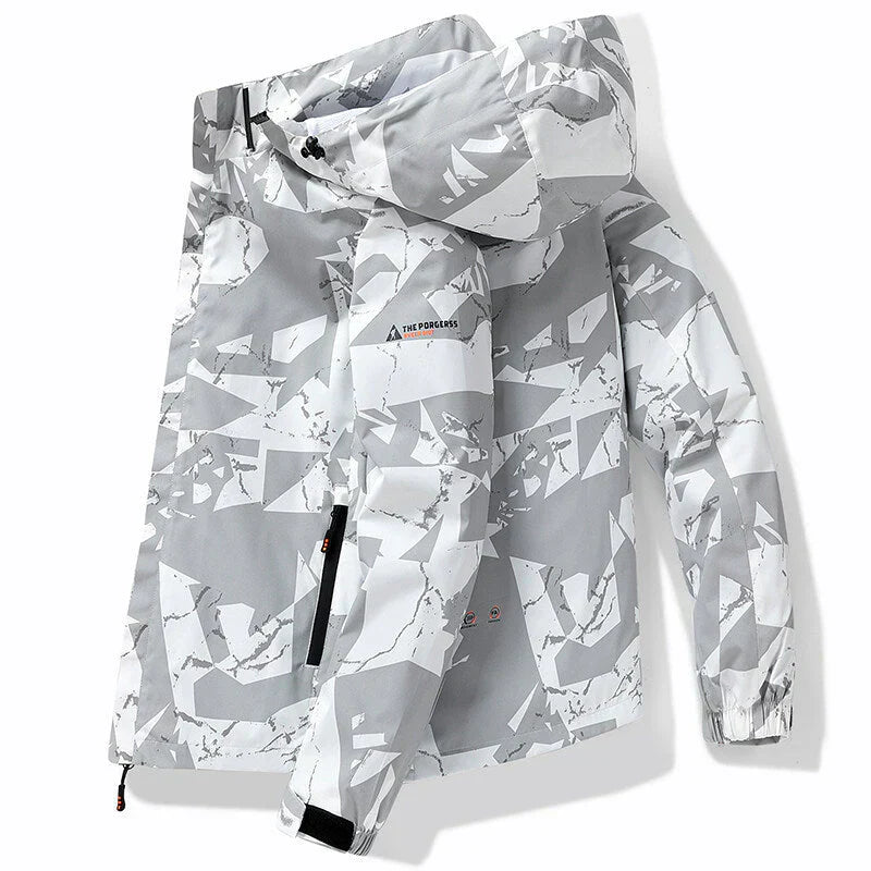 Men's waterproof zip-up ski jacket in bold letter print design for active winter sports