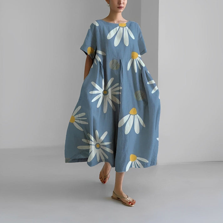 Women's relaxed fit floral midi dress with bold oversized botanical print for all-day comfort