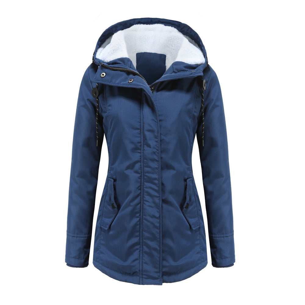 Women's waterproof fleece-lined rain jacket tailored fit hooded mid-length polished silhouette