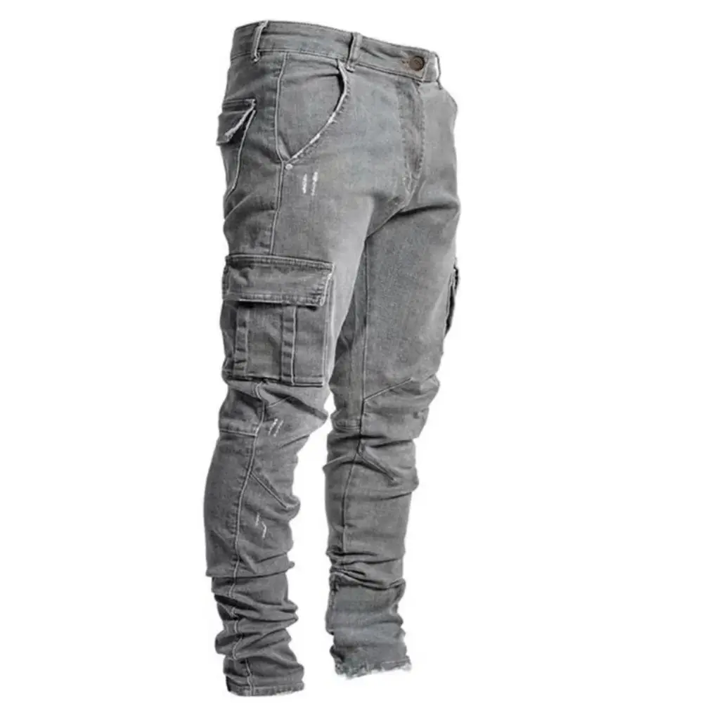 Light wash slim fit unisex denim jeans with cargo pockets for everyday urban style