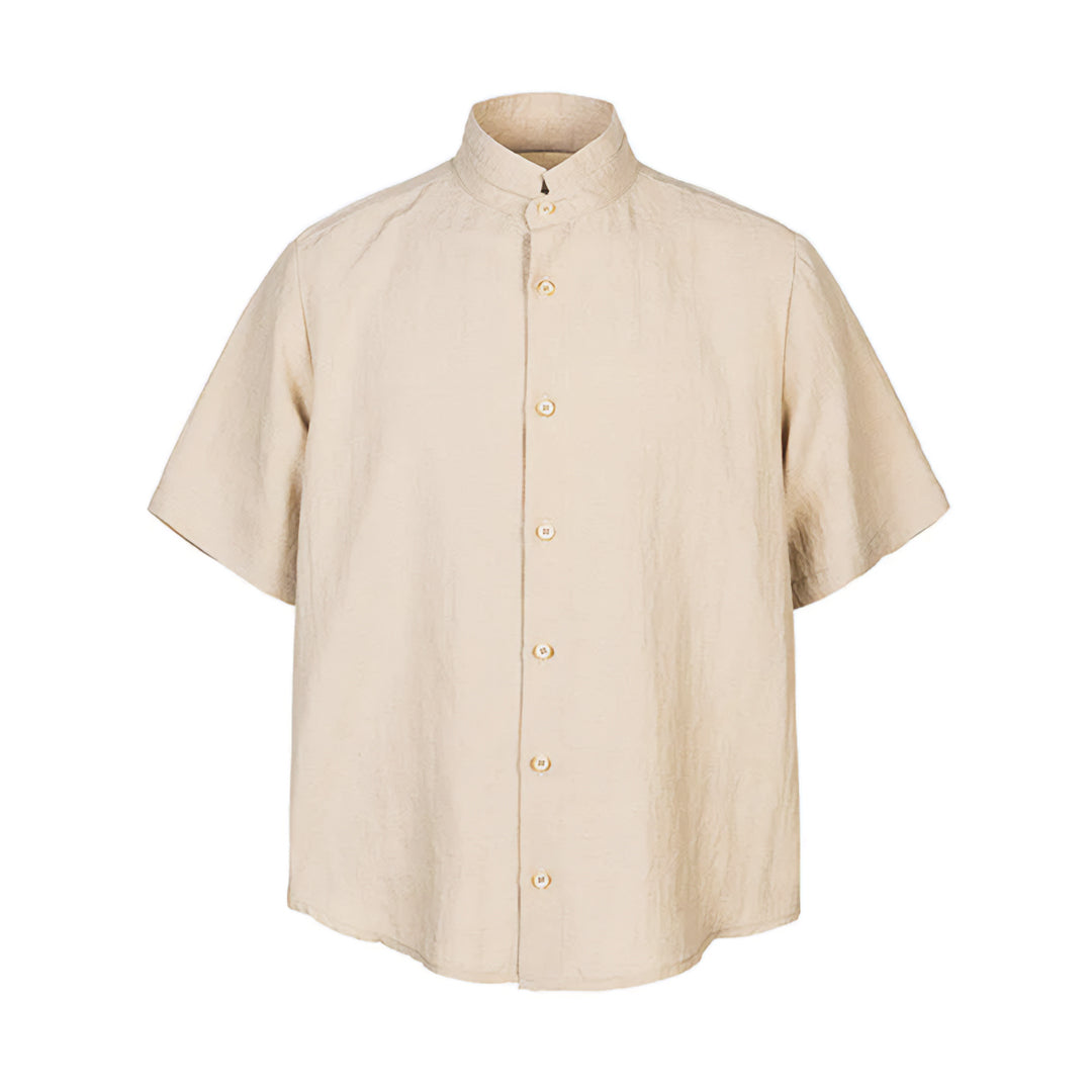 Men's mock linen resort shirt, stand collar relaxed fit, lightweight warm-weather layering top