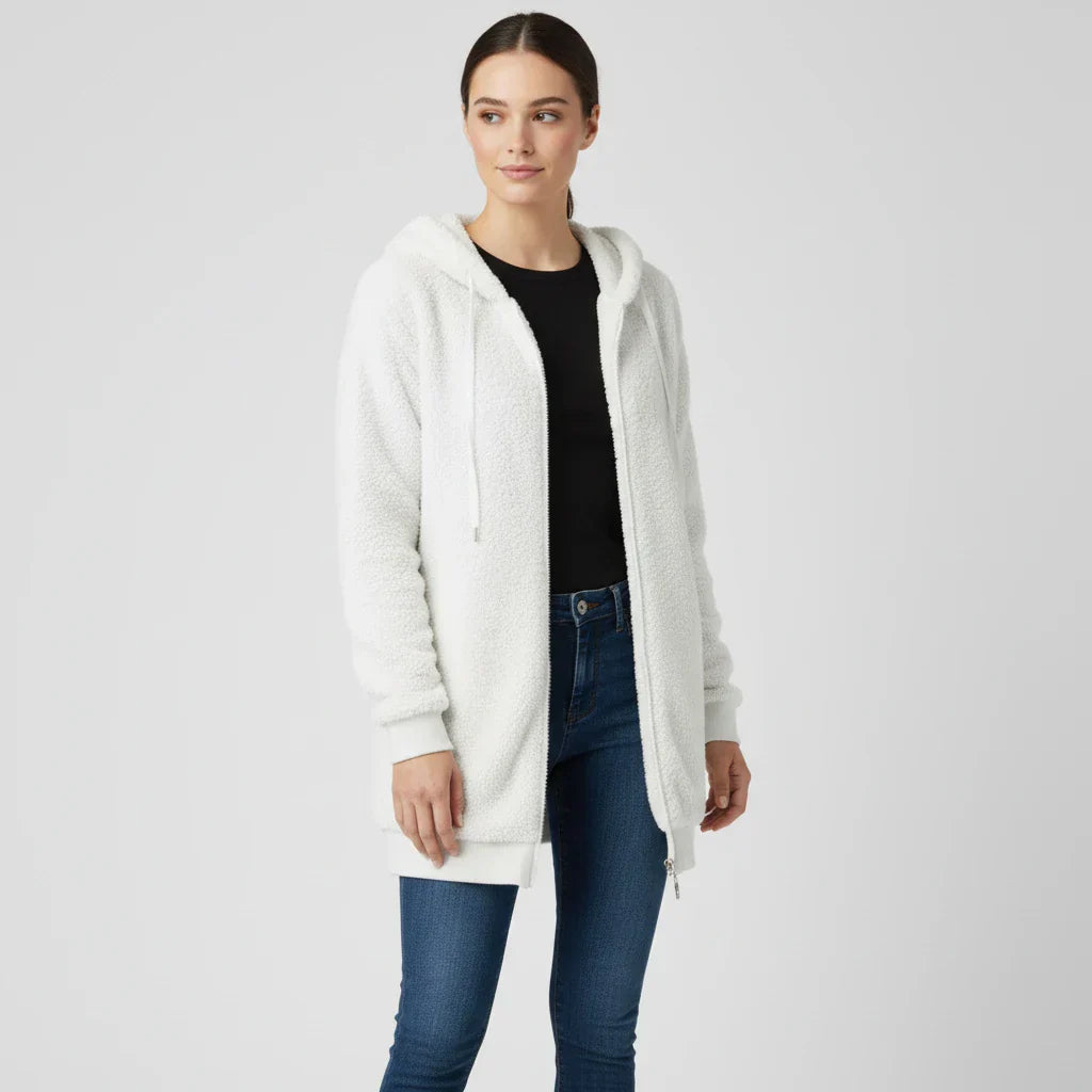 Women's sherpa lined zip-up hoodie sweater in cozy relaxed fit with plush lined hood for warmth