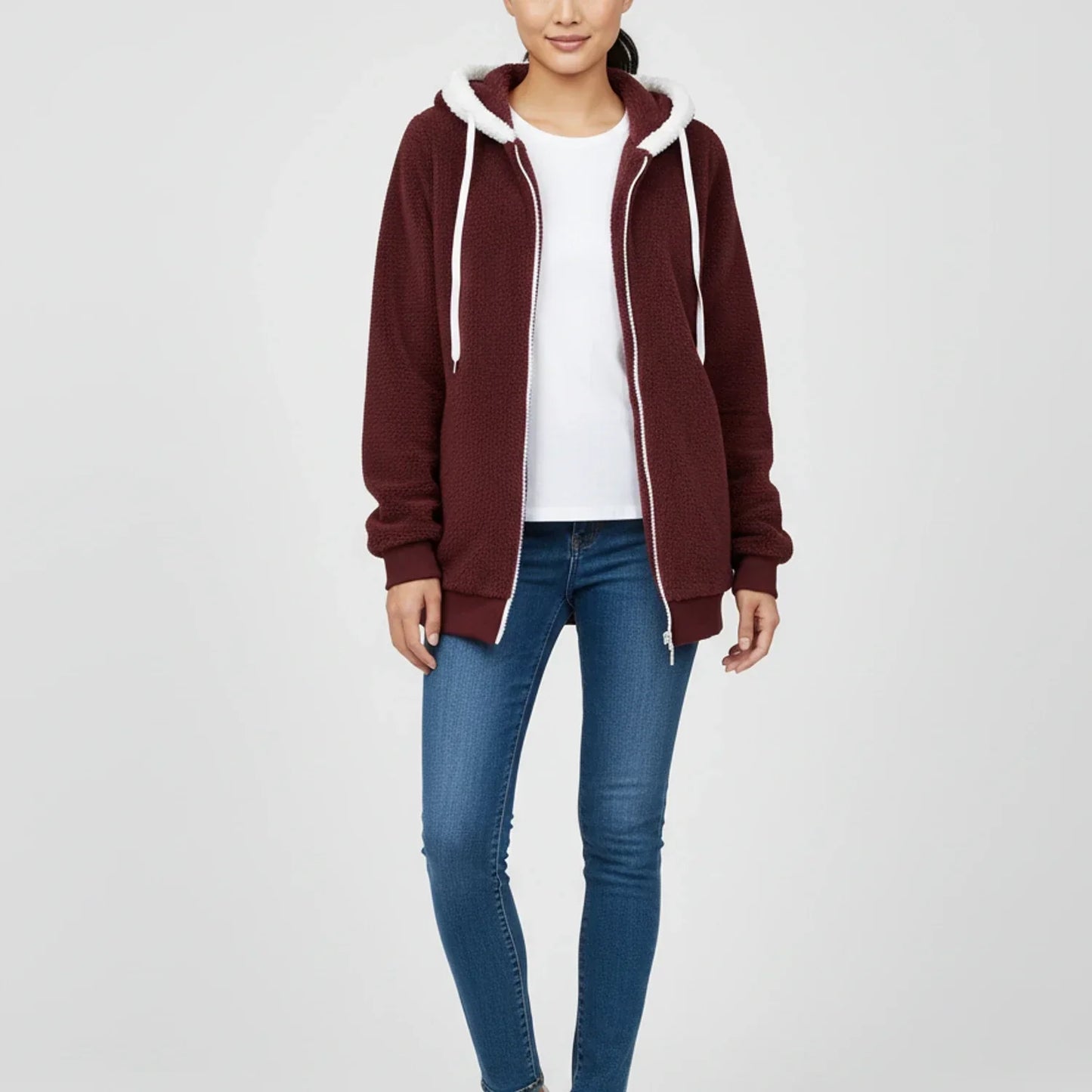 Women's sherpa lined hooded zip-up sweater relaxed mid-length silhouette for cozy everyday layering