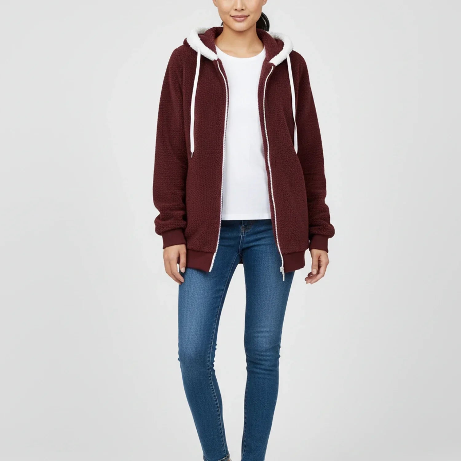 Women's sherpa lined hooded zip-up sweater relaxed mid-length silhouette for cozy everyday layering