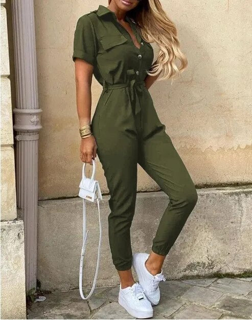 Women's utility jumpsuit with button closure and waist tie, versatile one-piece for casual to evening wear